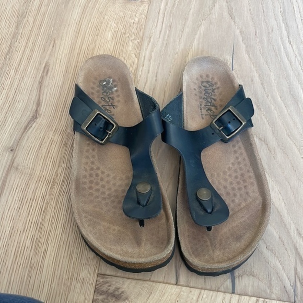 Biostep Black Leather Comfort Footbed Thong Sandals Womens Size 6 Made in Spain